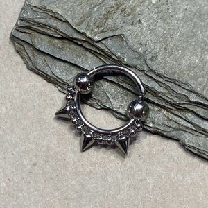 Septum or Daith Clicker Ring Surgical Steel Spikes and Stainless Beads 16g 10mm
